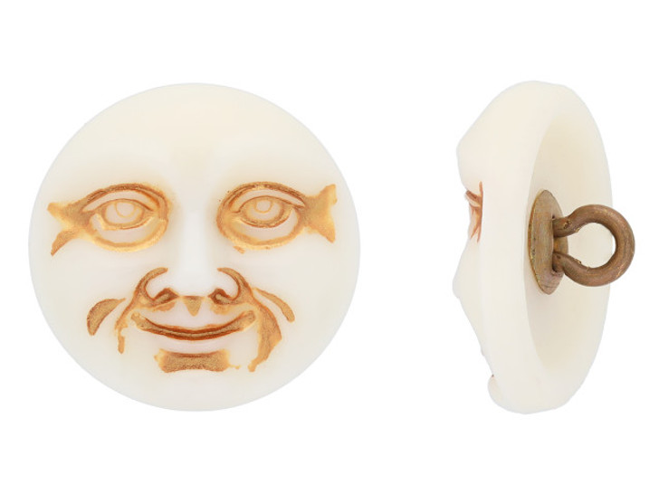 Czech Glass 17mm Round Moon Face, Ivory White with Gold Wash Button by Raven's Journey