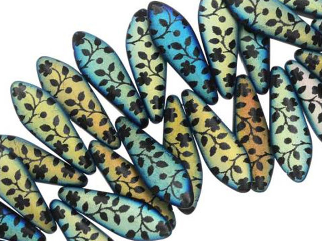 Czech Glass, Dagger Beads with Laser Etched Flower Design  5x16mm, Jet Matte (25 Pieces)
