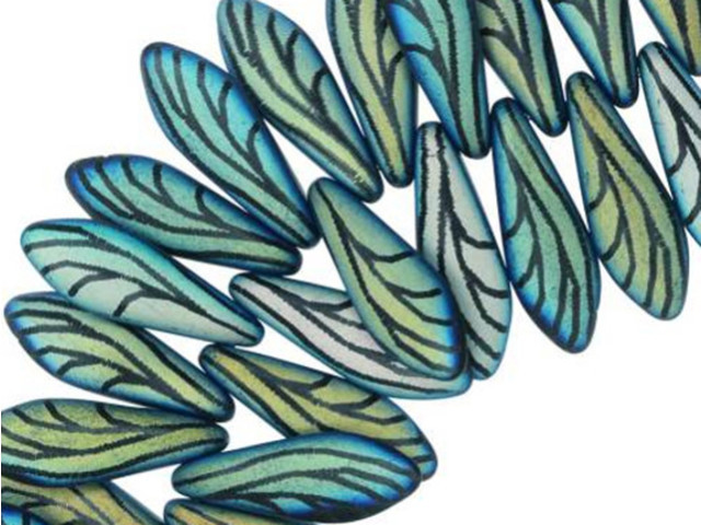 Czech Glass, Dagger Beads with Laser Etched Wing Design  5x16mm, Jet Matte (25 Pieces)