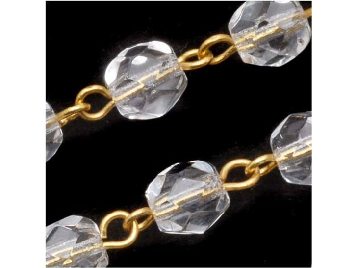 Czech Glass Beaded Chain, Jet Black Fire Polish 4mm, Gold Plated (1 inch)