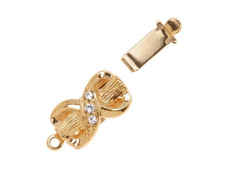 Filigree Box Clasps, Bow Design with 3 Crystals 17x8mm, 23K Gold Plated (1 Piece)