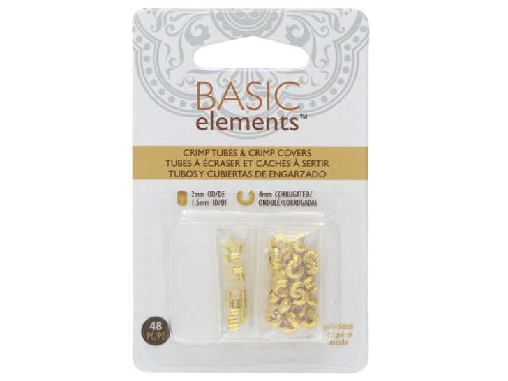 Basic Elements Crimp Tube Beads & Corrugated Crimp Covers, 2x2mm and 4mm,  Gold Plated (48 Pieces) 