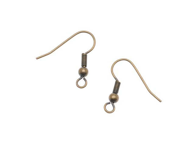 Earring Findings, Hook with Ball & Coil 20mm, Antiqued Brass (25 Pairs)