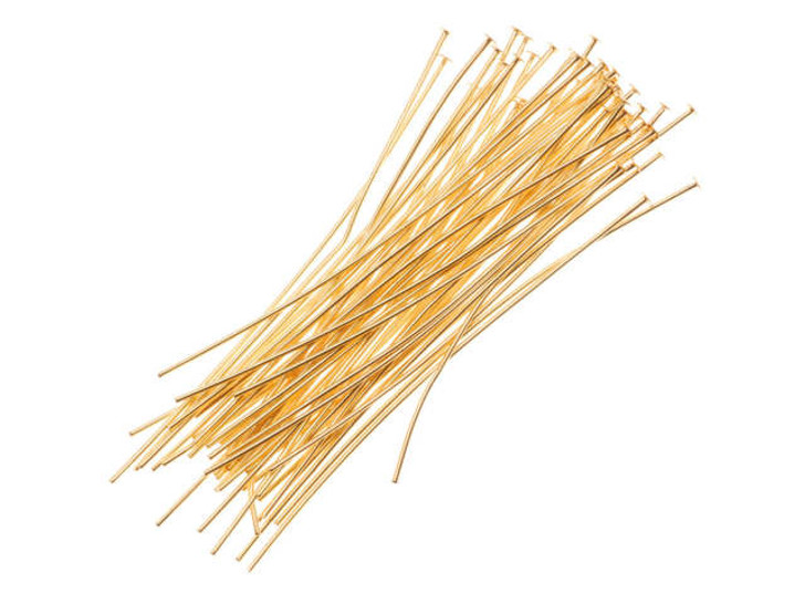 Head Pins, 2 Inches Long and 22 Gauge Thick, 22K Gold Plated (50 Pieces)