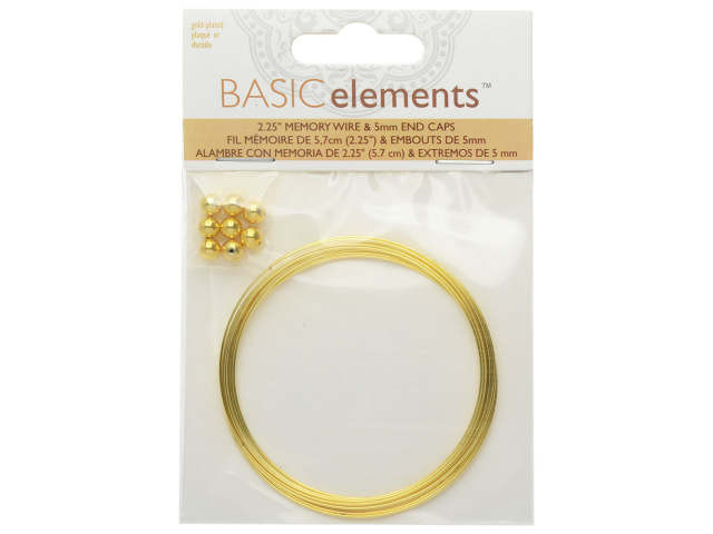 Memory Wire And End Caps Set, Bracelet Round Size Medium 2.25 Inch Diameter, 12 Loops, Gold Plated