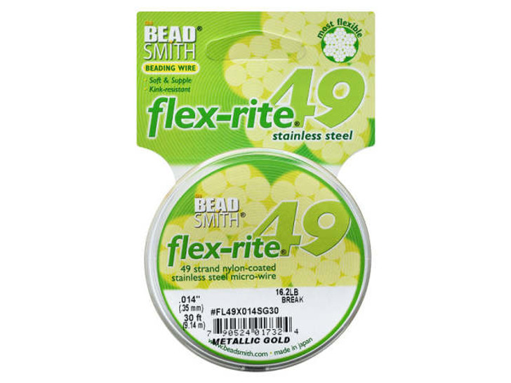 The Beadsmith Flex-Rite Beading Wire, 49 Strand .014" Thick, 30 Foot Spool, Metallic Satin Gold