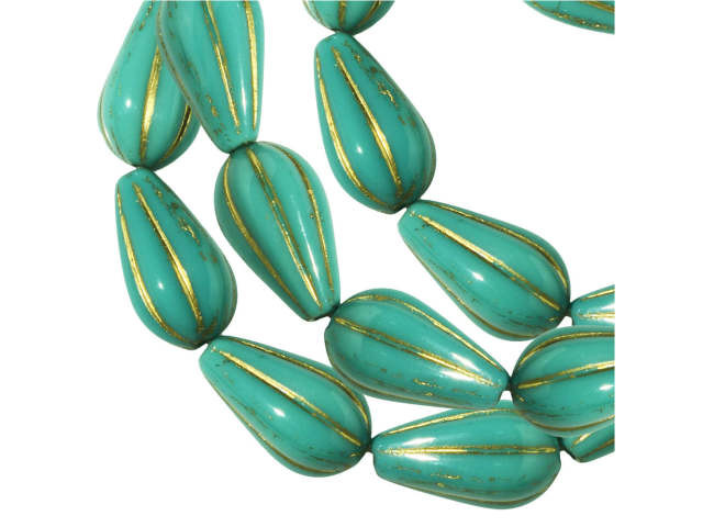 Czech Glass Beads, Melon Drop 13x8mm, Turquoise Opaque with Gold Wash, by Raven's Journey (1 Strand)