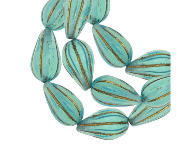 Czech Glass Beads, Melon Drop 13x8mm, Aqua Blue Opaline with Gold Wash, by Raven's Journey (1 Strand)