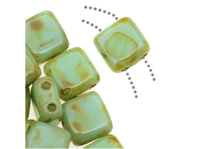 CzechMates Glass 2-Hole Square Tile Beads 6mm - Opaque Pale Turquoise Picasso (1 Strand)