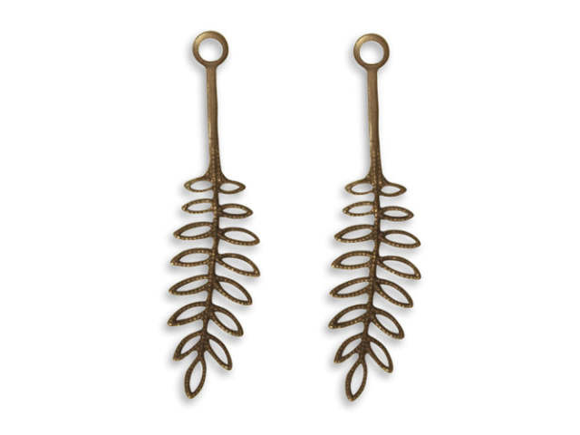 Vintaj Natural Brass Fastenables Fern Frond Leaf Charms 40x10mm (2 pcs)