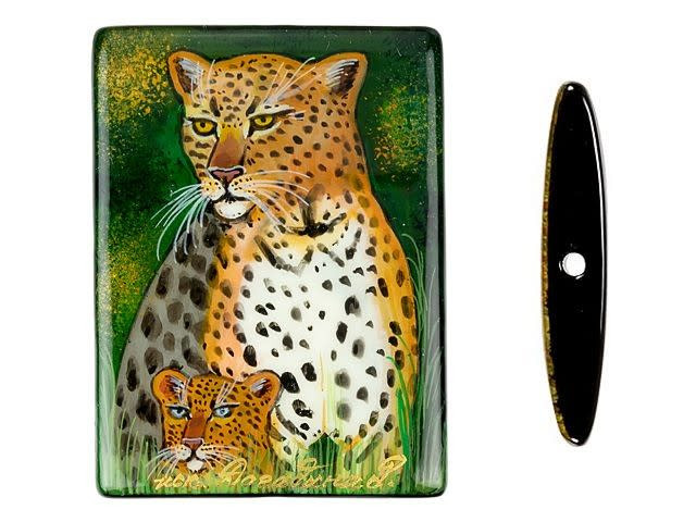 Cheetah and Cub Hand-Painted Black Agate Rectangle Bead