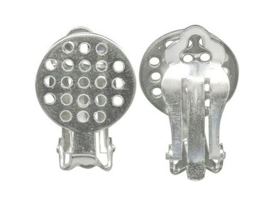 White Plated Clip On Earring Finding, 14mm Perforated Pad (1 Pair)
