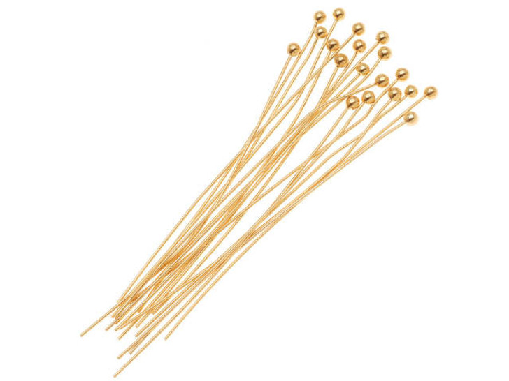 Head Pins, with Ball Head 1.5 Inches Long and 21 Gauge Thick, 22K Gold Plated (20 Pieces)