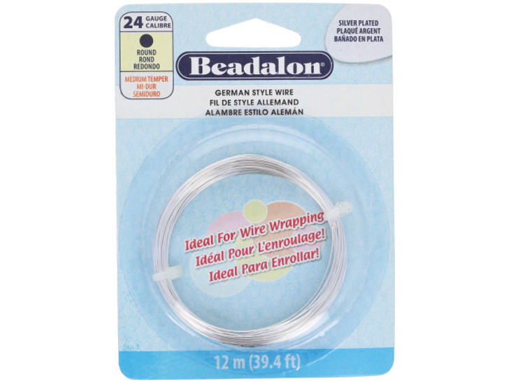 German Style Craft Wire, Round 24 Gauge / 0.20 in., 12 Meter Spool, Silver Plated