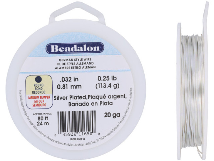 German-Style Craft Wire, Round 20 Gauge / 0.32 in., 24 Meter Spool, Silver Plated