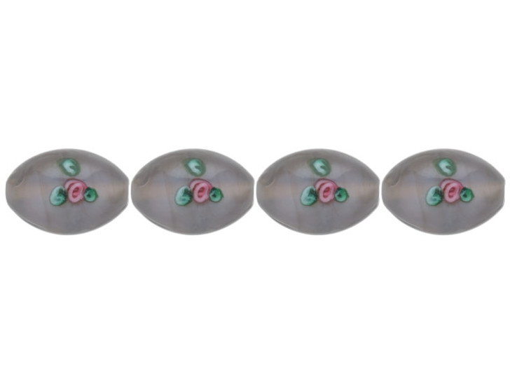 Czech Glass Oval Limited Edition Beads with Flower 12 x 8mm: Gray (4 Pieces)