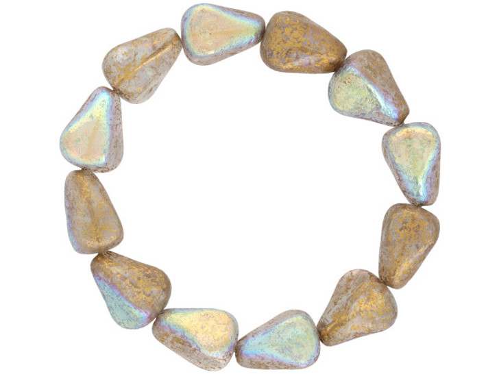 Czech Glass Old Style Drop (13x12mm) Crystal Transparent with Etched Gold and Aurora Borealis Finishes , 1 Strand