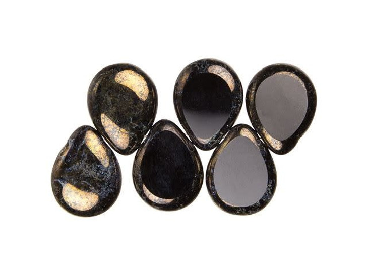 Czech Glass 12 x 16mm Jet Bronze Picasso Polished Drop Bead Strand by Starman