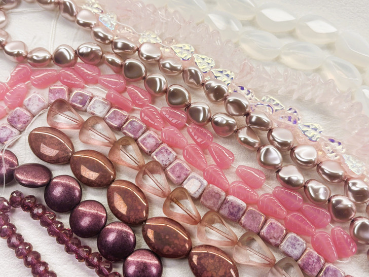 Vintage Czech Glass Bead Strand Assortment Packs Pink & Mauve Mix