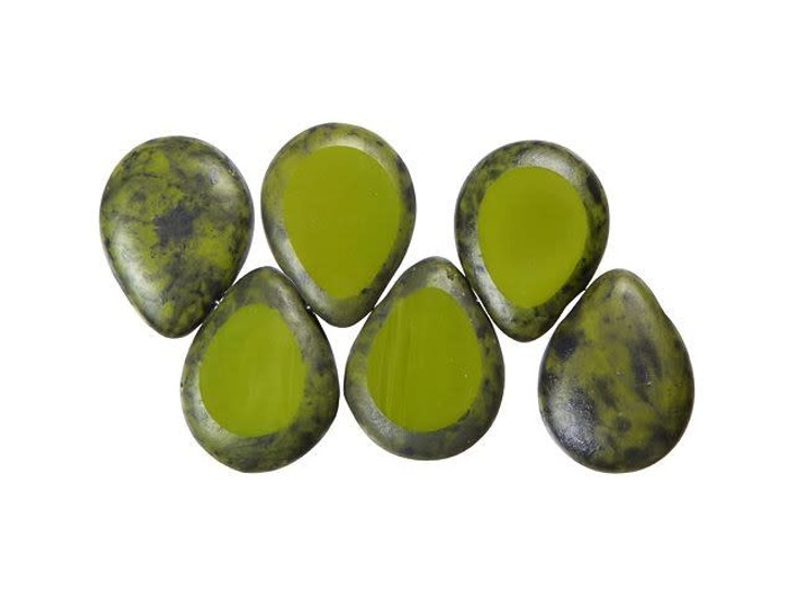 Czech Glass 12 x 16mm Opaque Olive Black Picasso Polished Drop Bead Strand by Starman