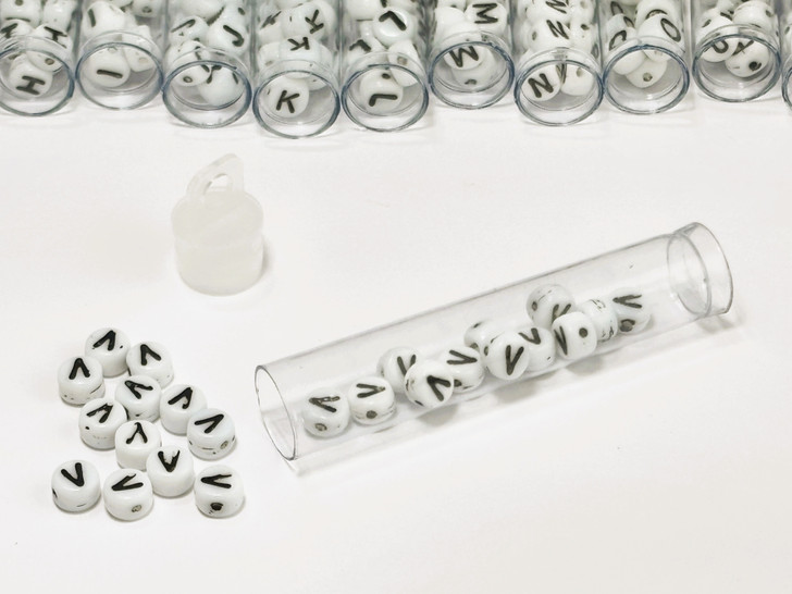 Czech Glass Beads (White) 7mm: Alphabet Letter V  (2.5 Inch Tube)