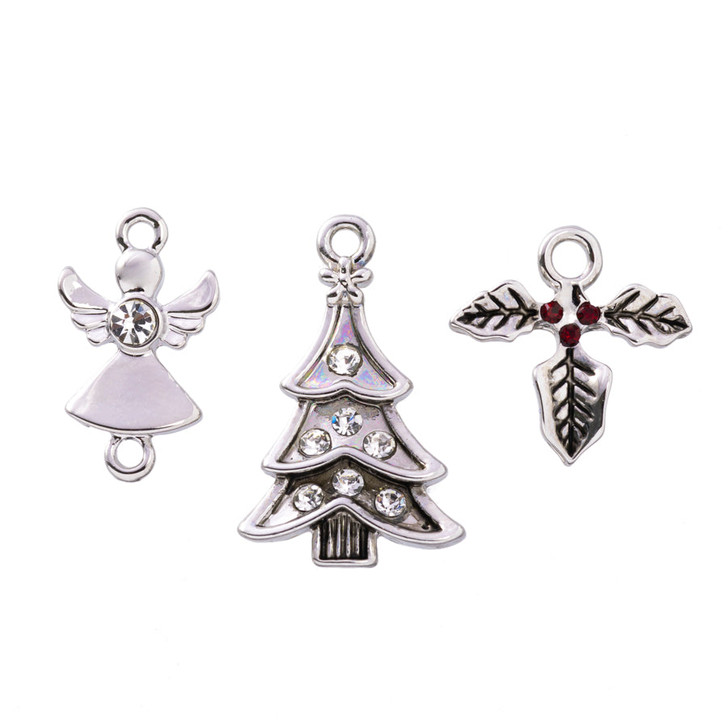 Traditional Holiday Cheer Charm 3 Piece Set in Rhodium Plating