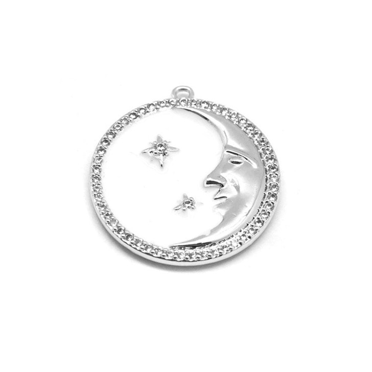 23mm Cream Enamel Rhodium Plated Round Man in the Moon Charm