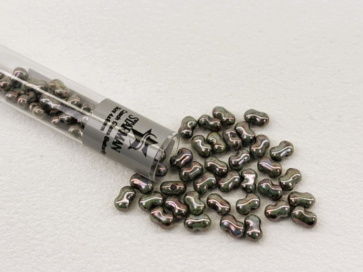 Czech Glass Butterfly Bead, One-Hole, 4x6mm, Tube 2.5" : Luster - Green/Opaque White