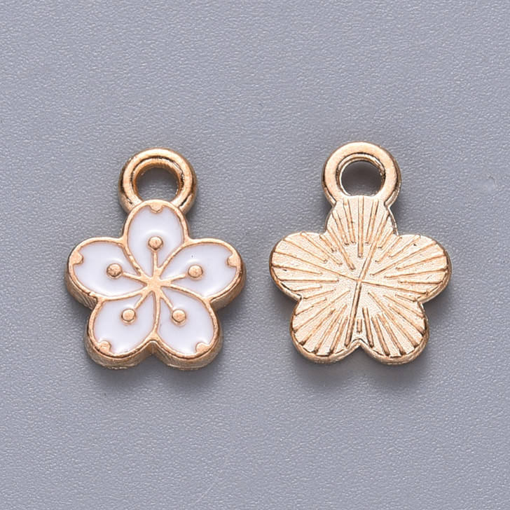 Light Gold Enamel Flower Charm, White, 12mm