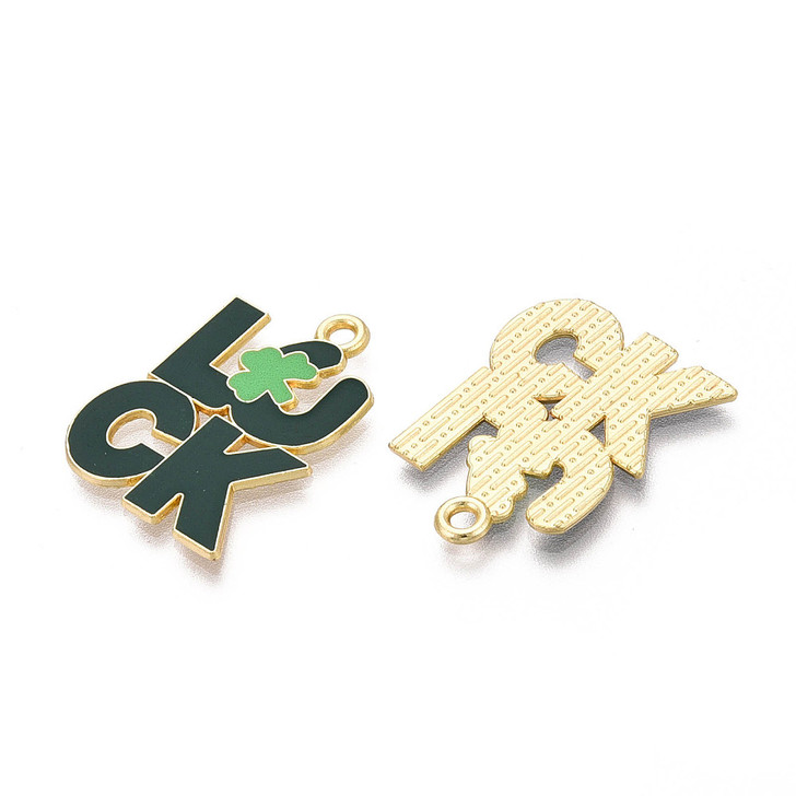 Gold Enamel “LUCK” Word Charm, Dark Green, 24mm