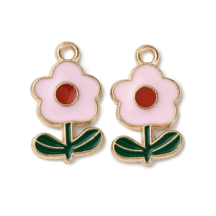 Light Gold Enamel Flower Charm, Pink, 20mm