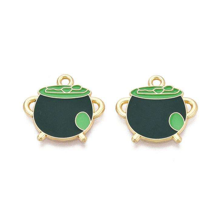 Gold Enamel Cauldron Charm, Dark Green, 20mm