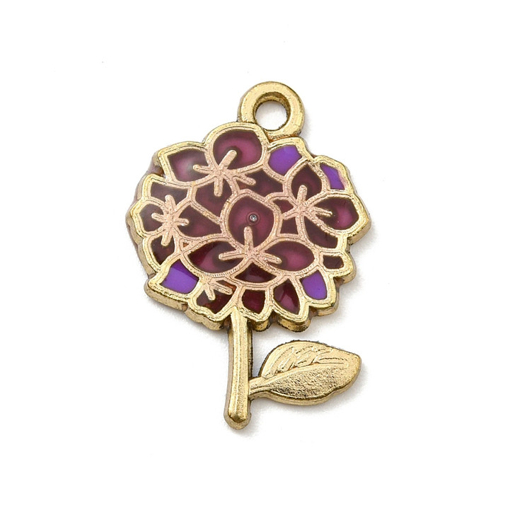 Gold Enamel Hydrangea Charm, Old Rose, 21mm