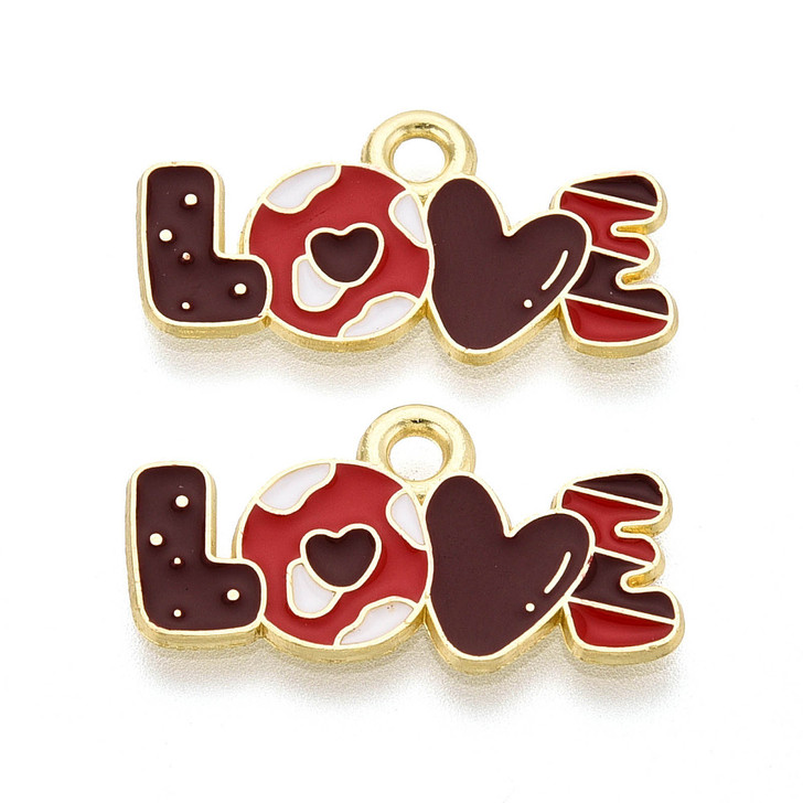 Gold Enamel “LOVE” Word Charm, Dark Red, 23mm