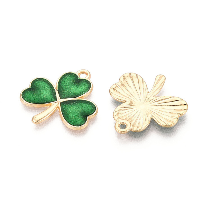 Light Gold Enamel Clover Charm, Green, 23mm