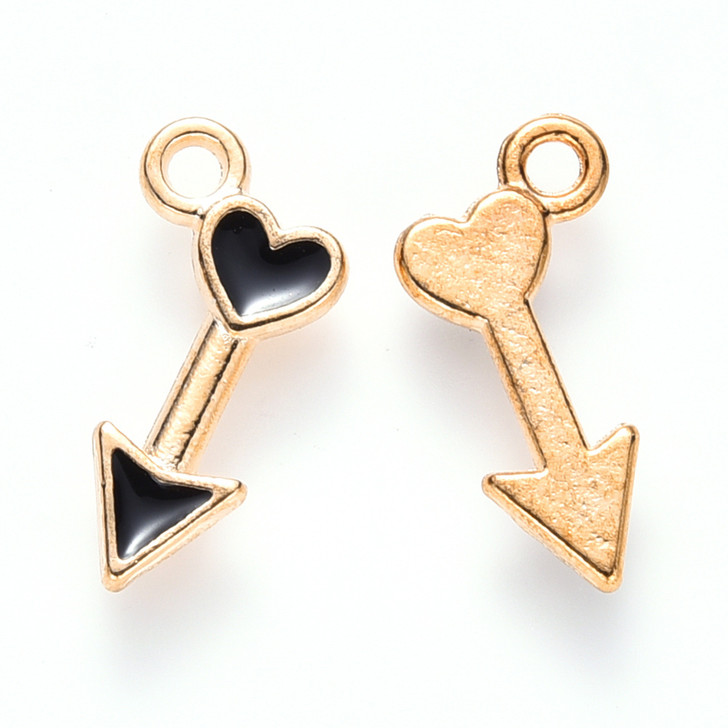 Light Gold Enamel Arrow with Heart Charm, Black, 15mm