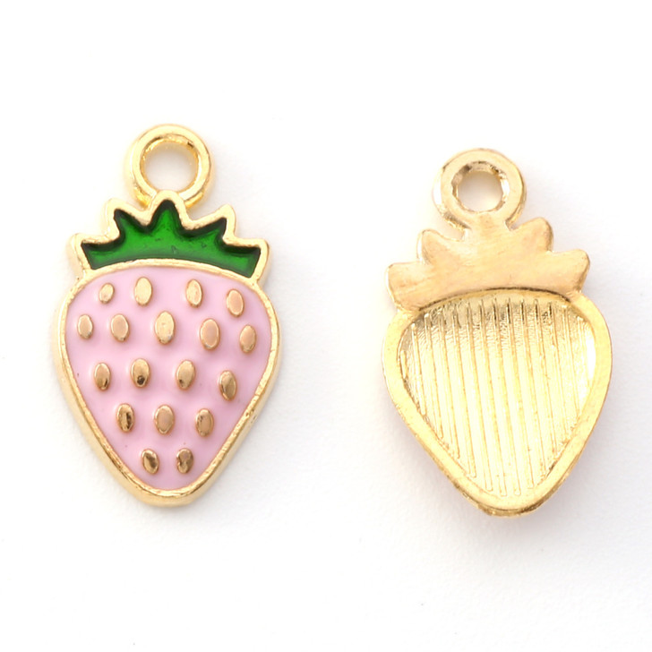 Light Gold Enamel Pink Strawberry Charm - 17mm