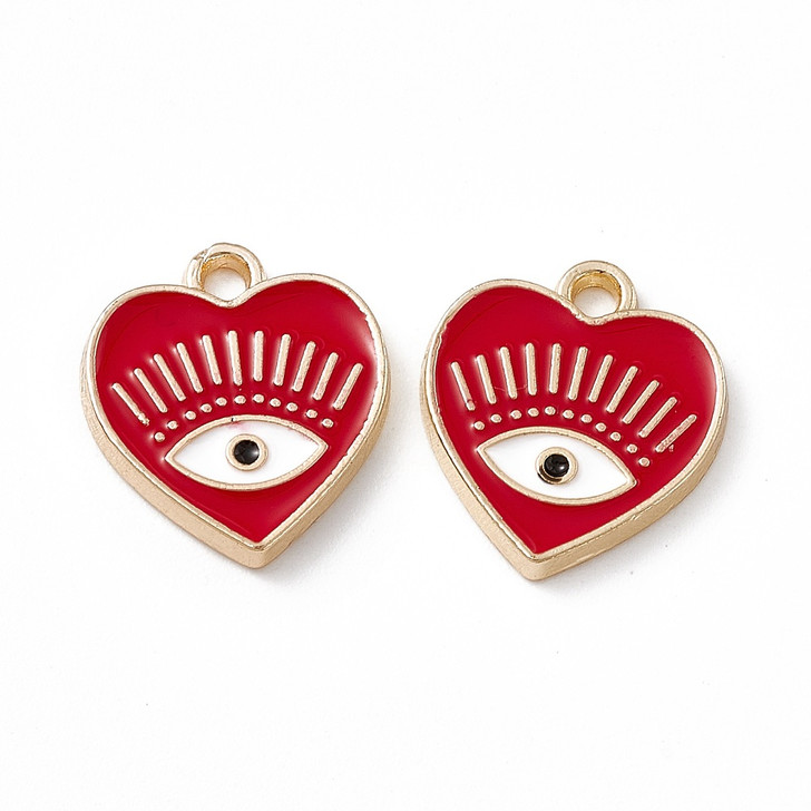 Gold Enamel Heart with Eye Charm, Red, 15mm