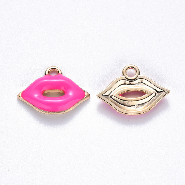 Light Gold Enamel Lips Charm, Deep Pink, 18mm
