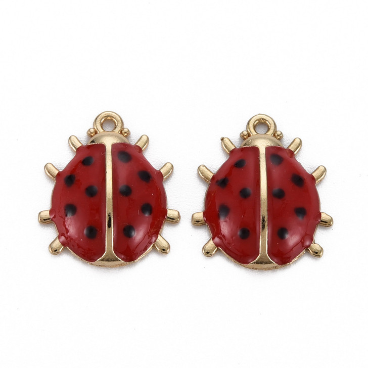 Light Gold Enamel Ladybug Charm, Firebrick, 17mm