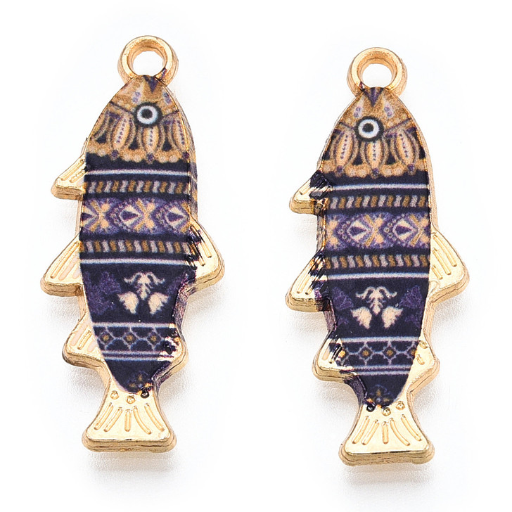 Gold Enamel Fish Charm, Indigo, 27mm