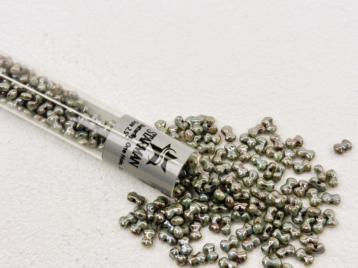 Czech Glass Butterfly Bead, One Hole, 3 x 4 mm Tube 2.5" : Luster - Green/Opaque White