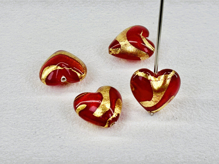 Lamp Work Gold Foiled Siam Ruby Heart - 18mm