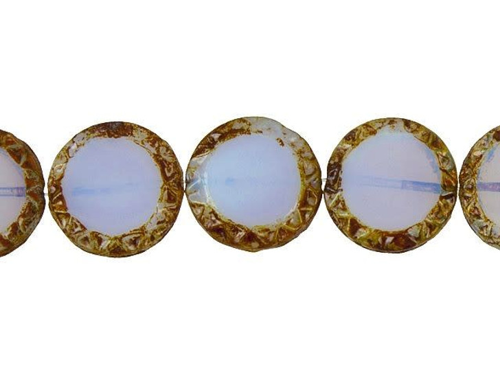 Czech Glass 16mm Mayan Sun Table-Cut Coin Light Lavender Opaline Picasoo Bead Strand by Raven's Journey