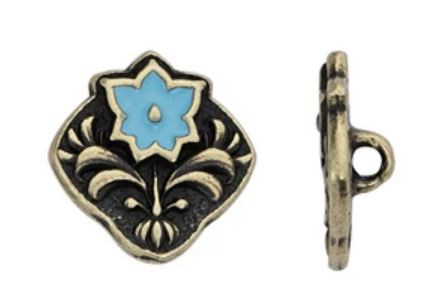 TierraCast Antique Bronze Square Flower Button with Sky Blue Enamel 14.1x14.6mm