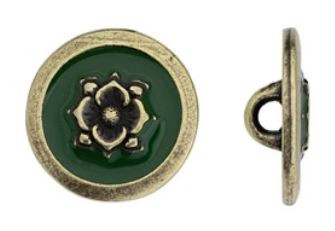 TierraCast Antique Bronze Round Blossom Button with Green Enamel 14.3mm