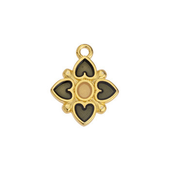 24K Gold Plated Flower Motif Charm with Four Hearts and Black Enamel, 14.4x17.5mm