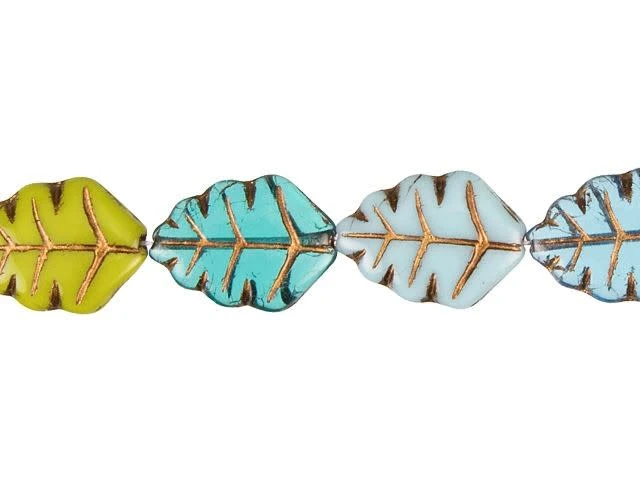 Czech Glass 17 x 13mm Mixed Aqua, Turquoise, and Gaspeite Green with Dark Bronze Wash Oak Leaf Bead Strand by Raven's Journey