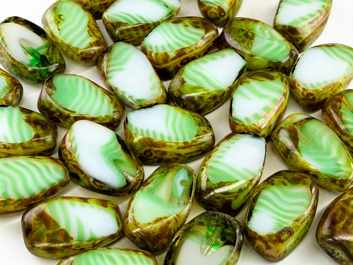 Vintage Czech Glass Table Cut Rhombus Bead, Green & White Picasso
