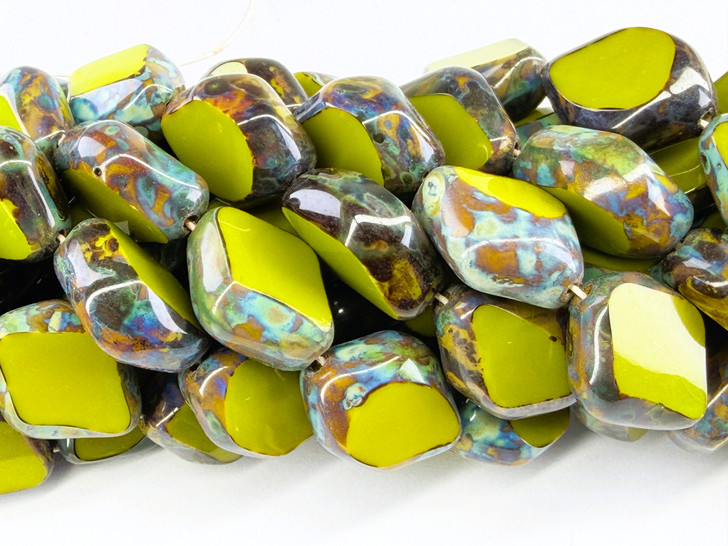 Vintage Czech Glass Table Cut Funky Nugget Bead, Avocado Green Picasso
